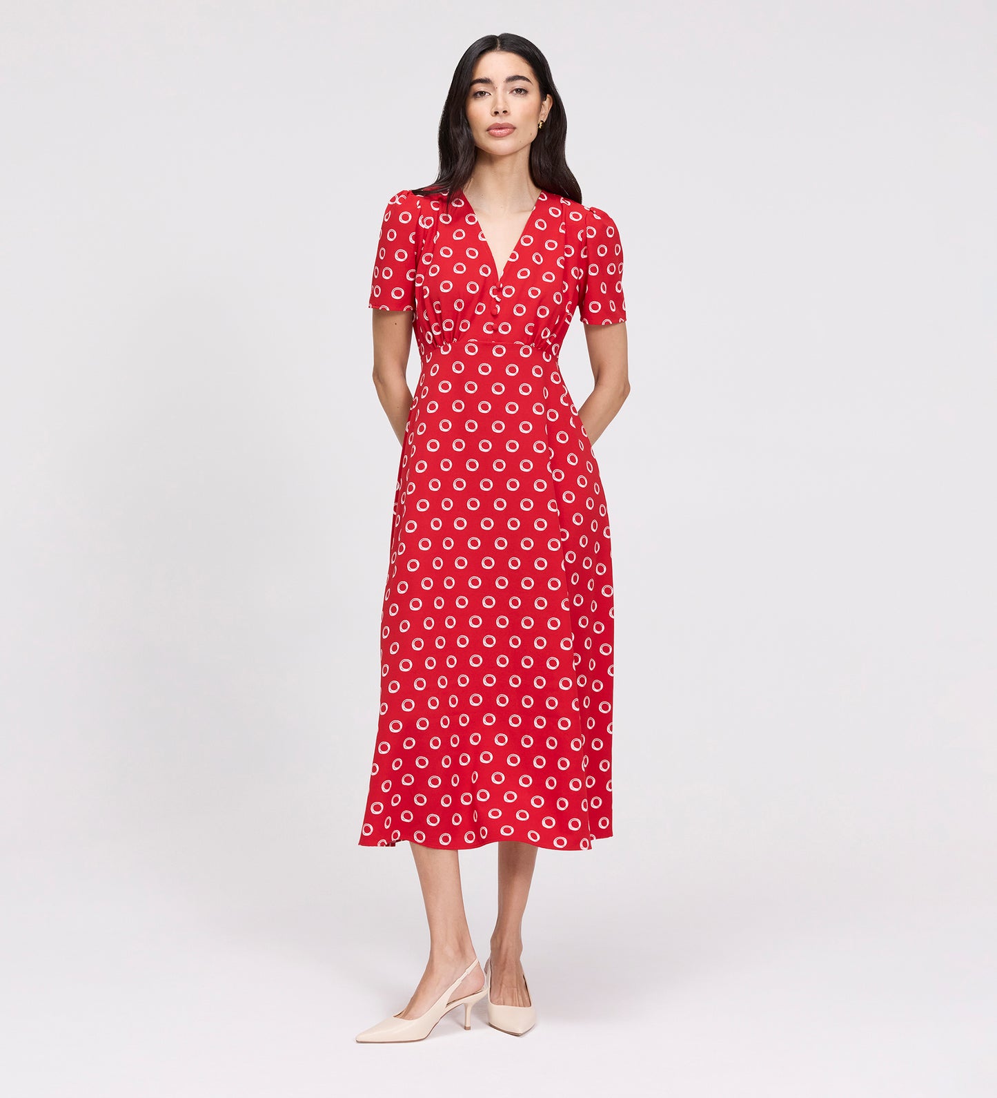 Nieve Red Polka Dot Empire Waist V-Neck Midi Dress
