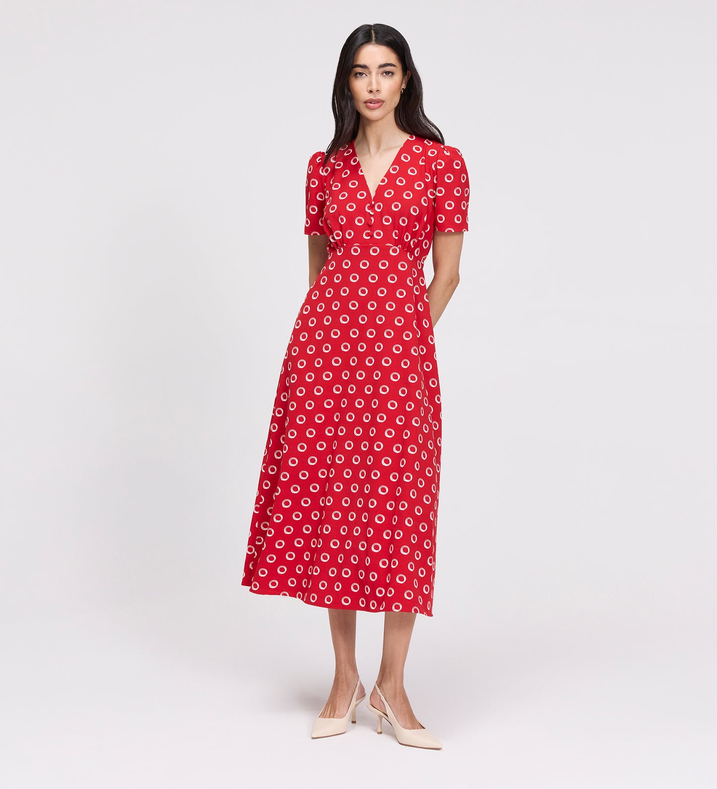 Nieve Red Polka Dot Empire Waist V-Neck Midi Dress