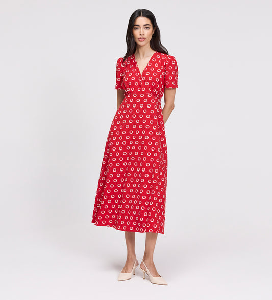 Nieve Red Polka Dot Empire Waist V-Neck Midi Dress