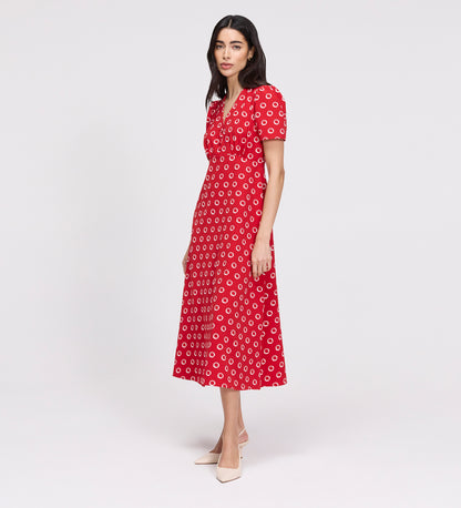 Nieve Red Polka Dot Empire Waist V-Neck Midi Dress