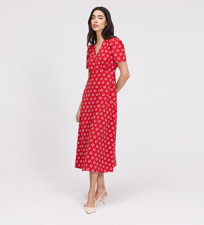 Nieve Red Polka Dot Empire Waist V-Neck Midi Dress