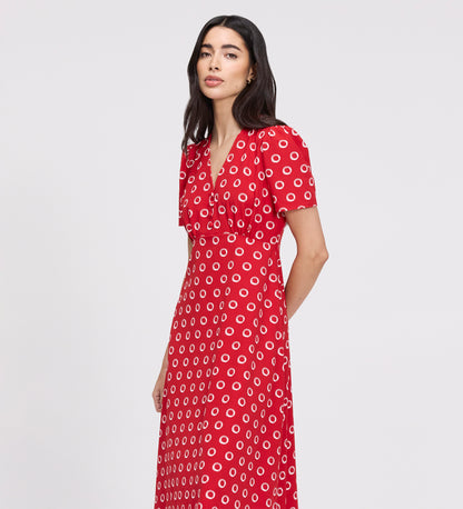 Nieve Red Polka Dot Empire Waist V-Neck Midi Dress