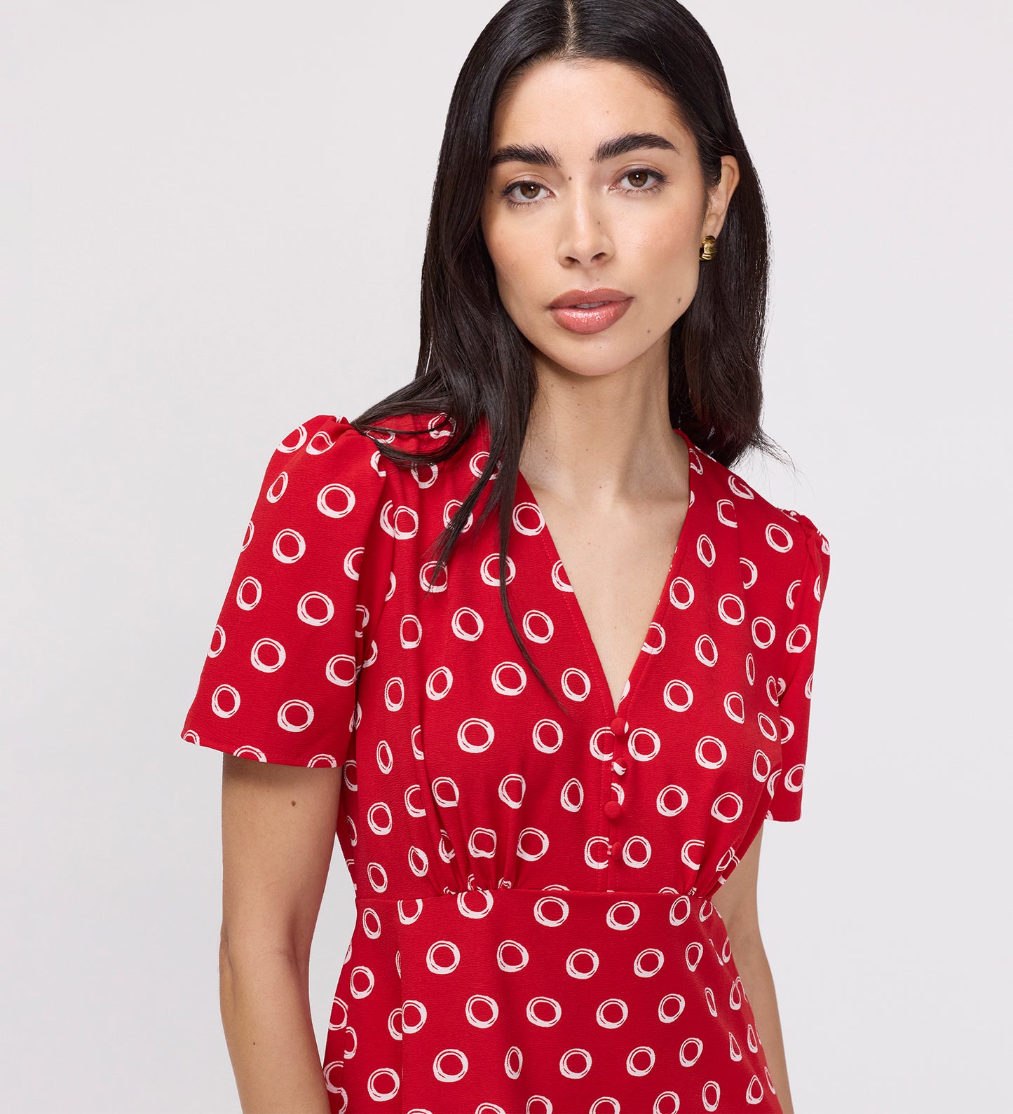 Nieve Red Polka Dot Empire Waist V-Neck Midi Dress