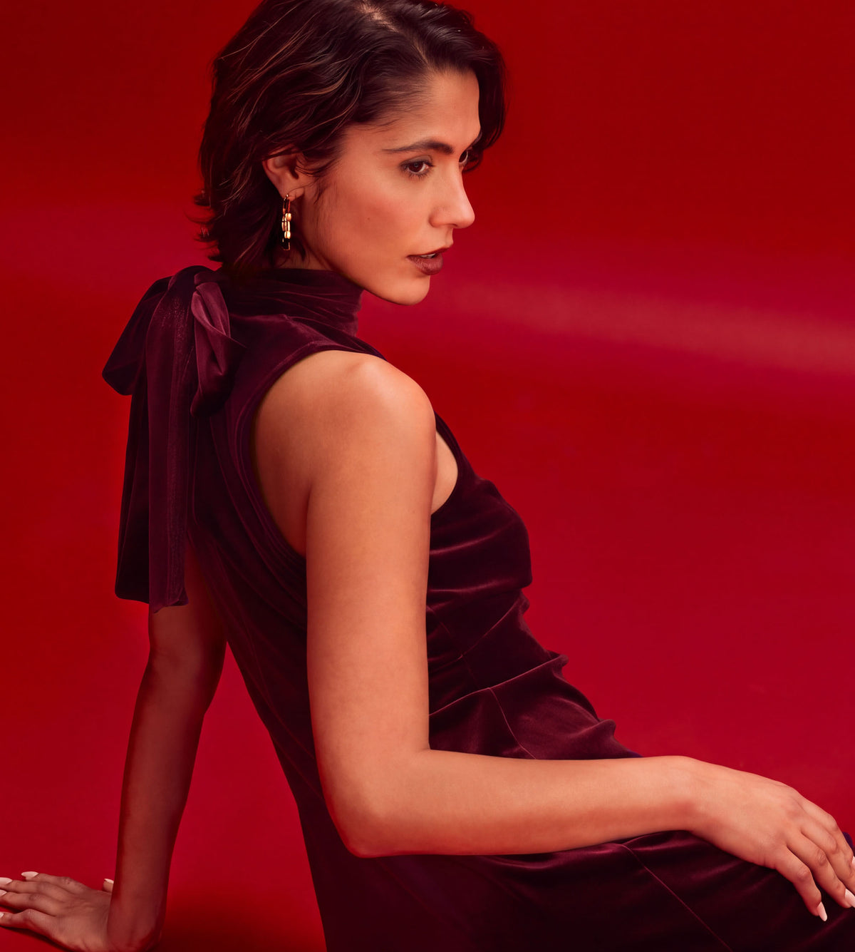 Ophelia Burgundy Velvet Tie Neck Maxi Dress