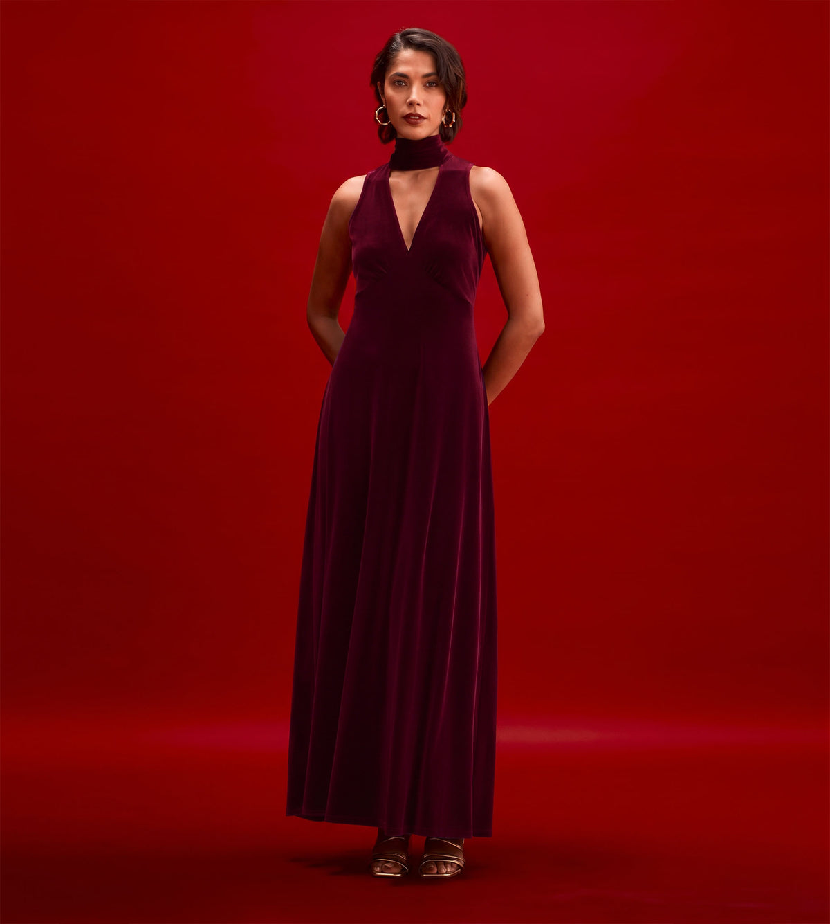 Ophelia Burgundy Velvet Tie Neck Maxi Dress