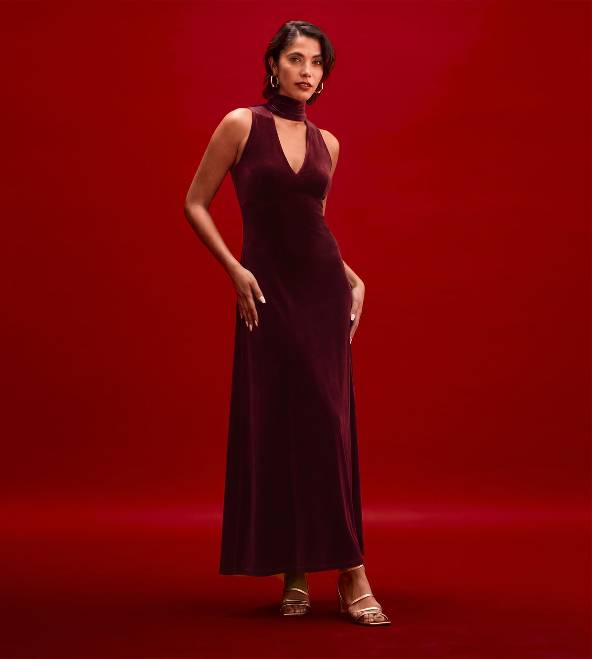 Ophelia Burgundy Velvet Tie Neck Maxi Dress