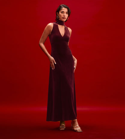 Ophelia Burgundy Velvet Tie Neck Maxi Dress