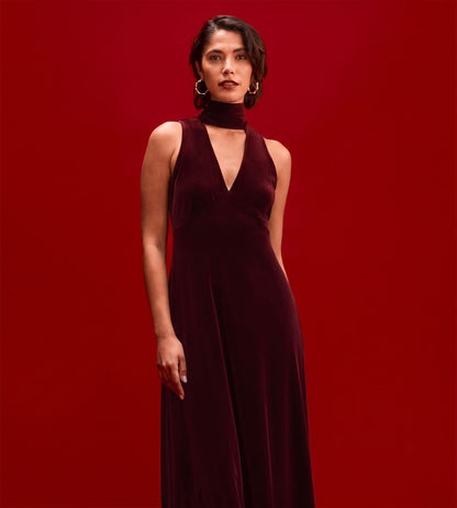 Ophelia Burgundy Velvet Tie Neck Maxi Dress