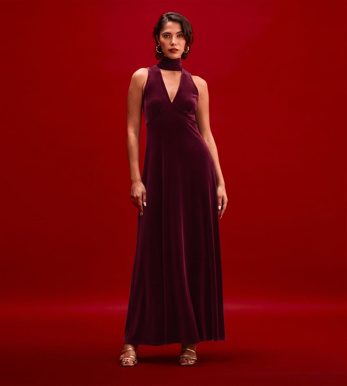 Ophelia Burgundy Velvet Tie Neck Maxi Dress