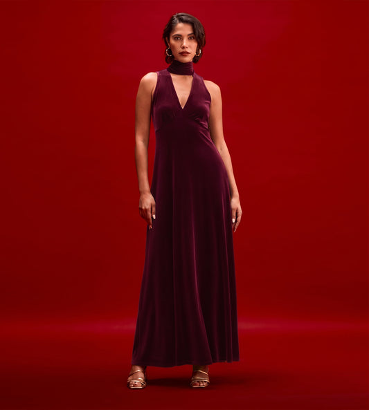 Ophelia Burgundy Velvet Tie Neck Maxi Dress