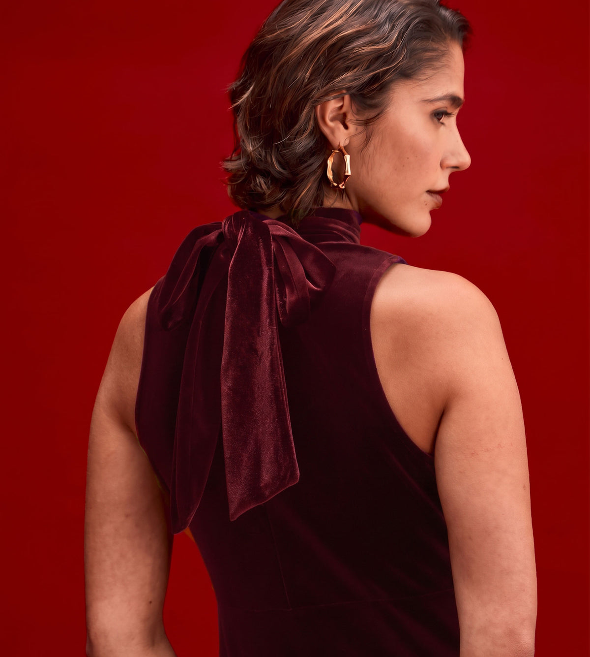 Ophelia Burgundy Velvet Tie Neck Maxi Dress