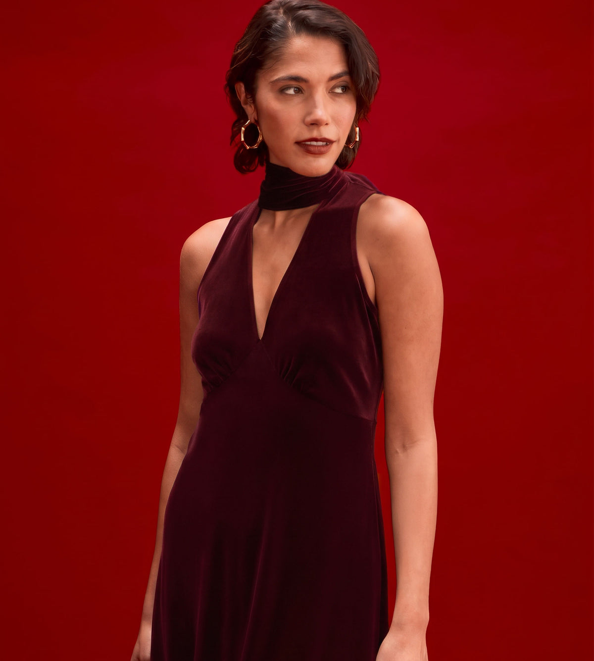 Ophelia Burgundy Velvet Tie Neck Maxi Dress