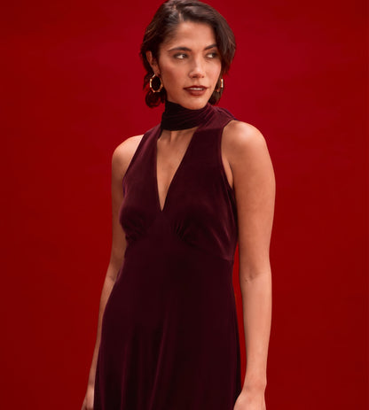 Ophelia Burgundy Velvet Tie Neck Maxi Dress