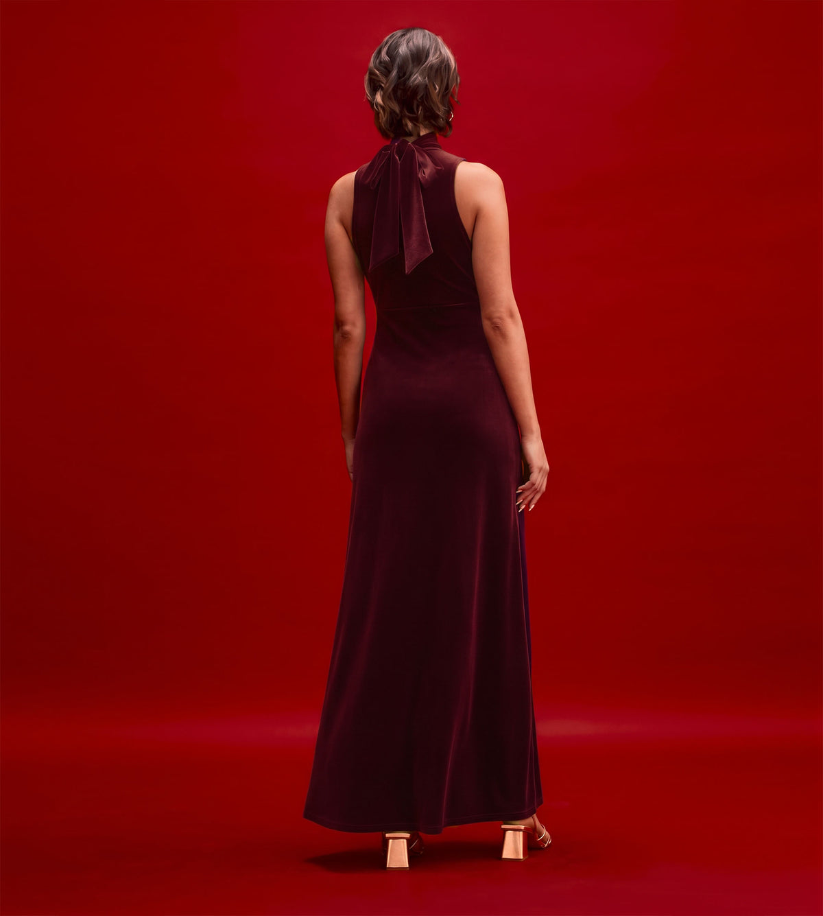 Ophelia Burgundy Velvet Tie Neck Maxi Dress
