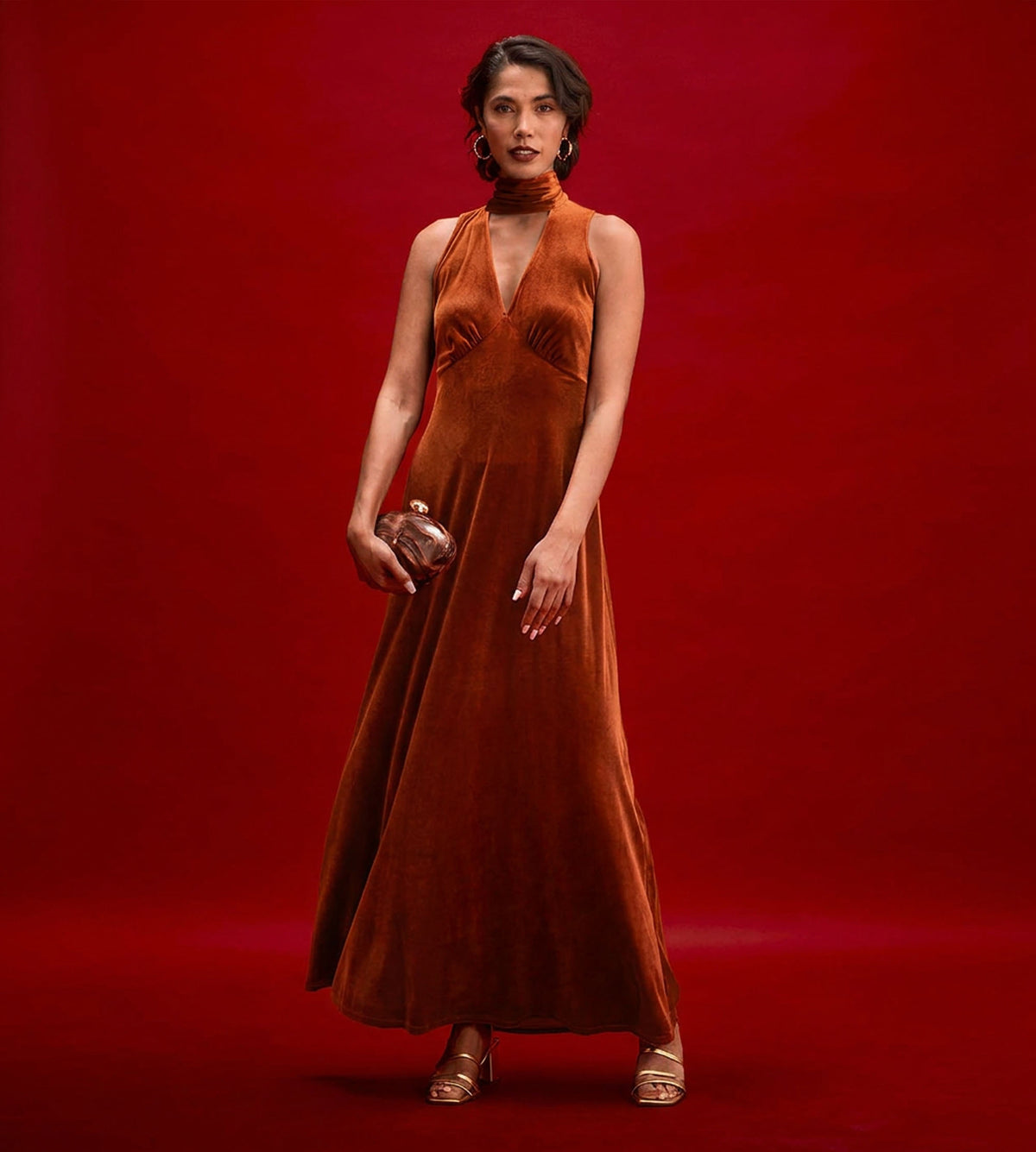 Ophelia Rust Velvet Tie Neck Maxi Dress