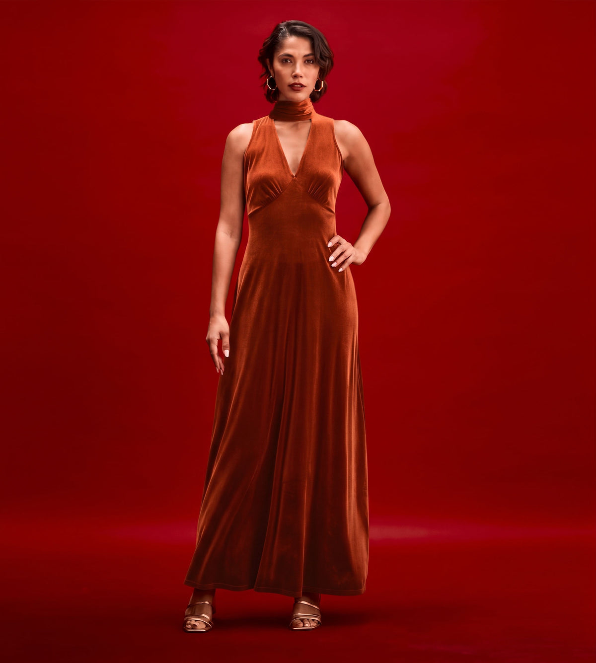 Ophelia Rust Velvet Tie Neck Maxi Dress