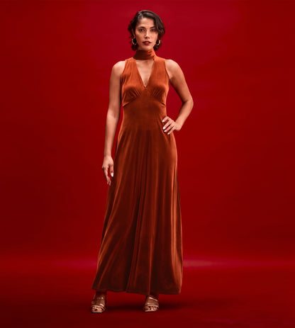 Ophelia Rust Velvet Tie Neck Maxi Dress