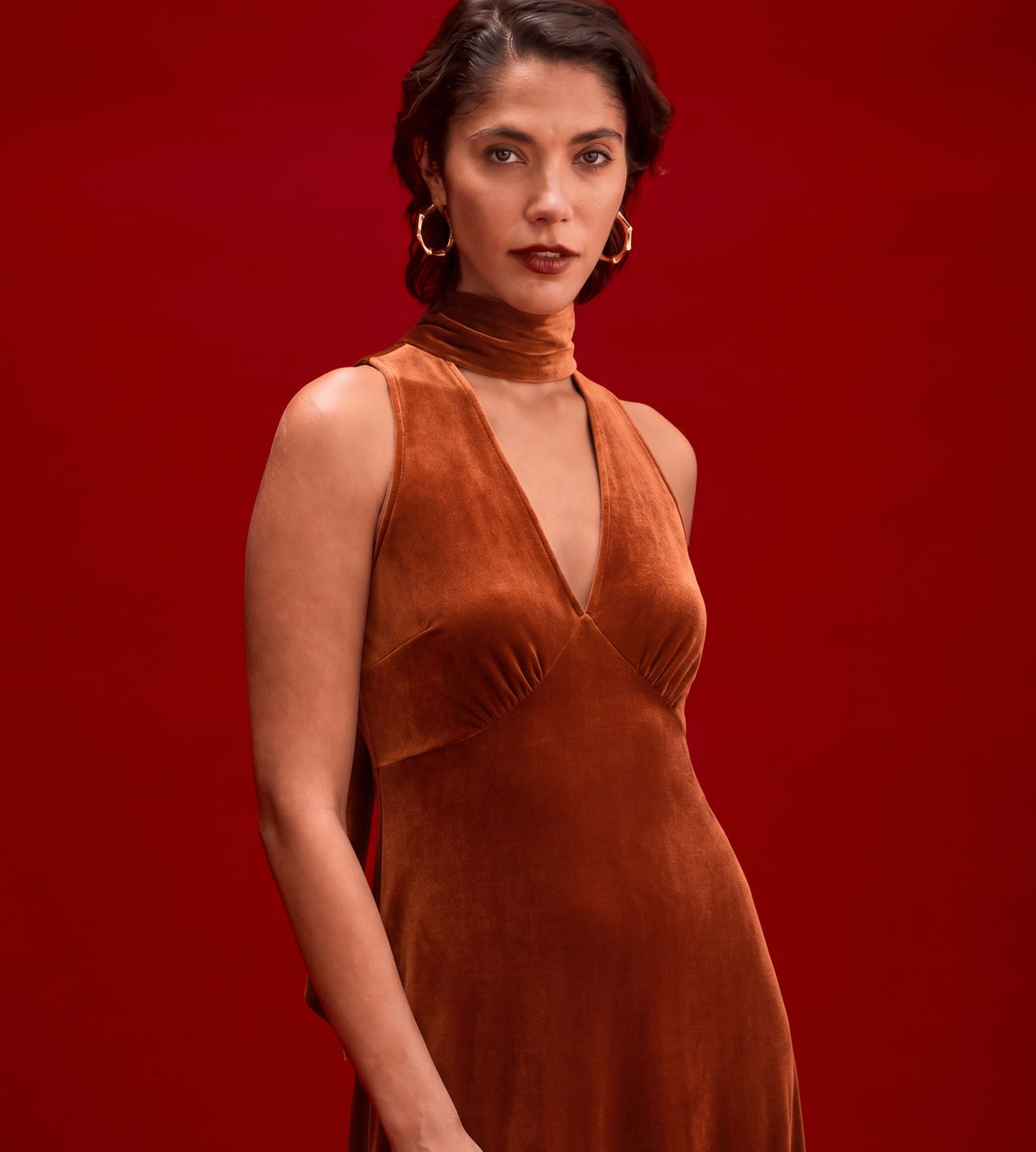 Ophelia Rust Velvet Tie Neck Maxi Dress