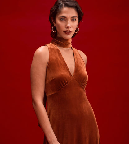 Ophelia Rust Velvet Tie Neck Maxi Dress