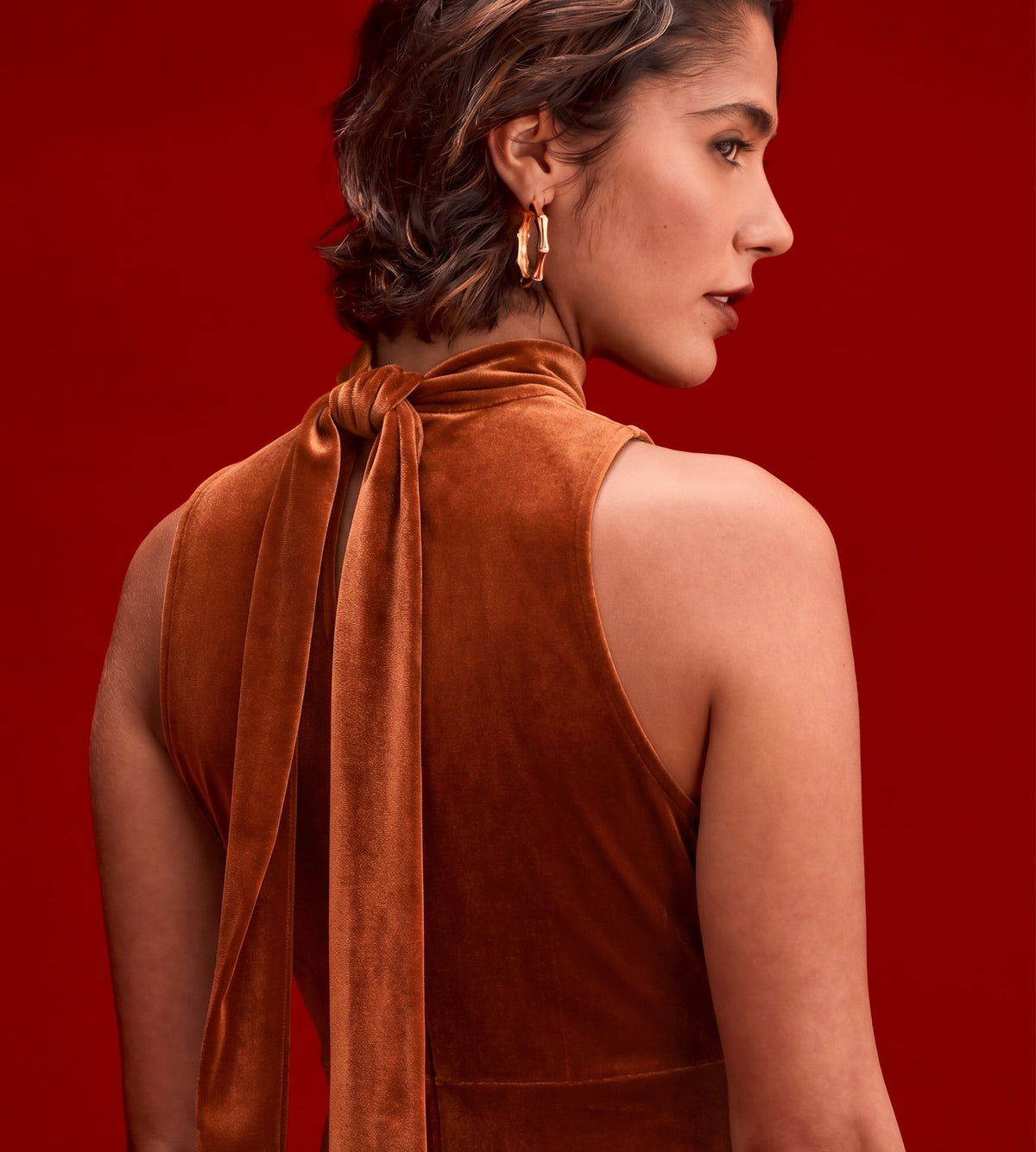 Ophelia Rust Velvet Tie Neck Maxi Dress