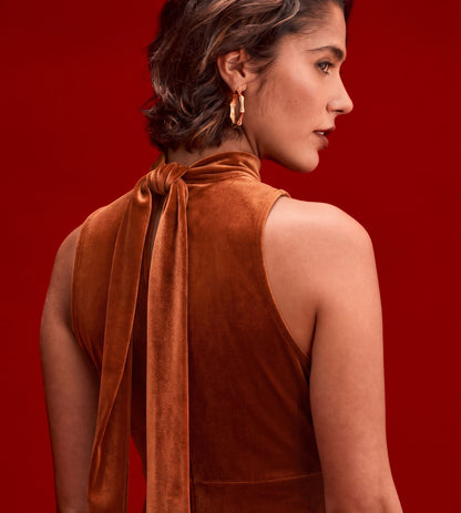 Ophelia Rust Velvet Tie Neck Maxi Dress