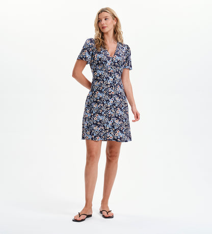 Orlagh Blue Floral Button-Through V-Neck Short Dress