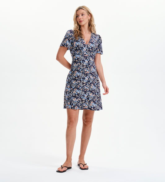 Orlagh Blue Floral Button-Through V-Neck Short Dress