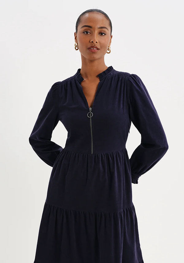 Antonia Navy Corduroy Frill Neck Tiered Dress