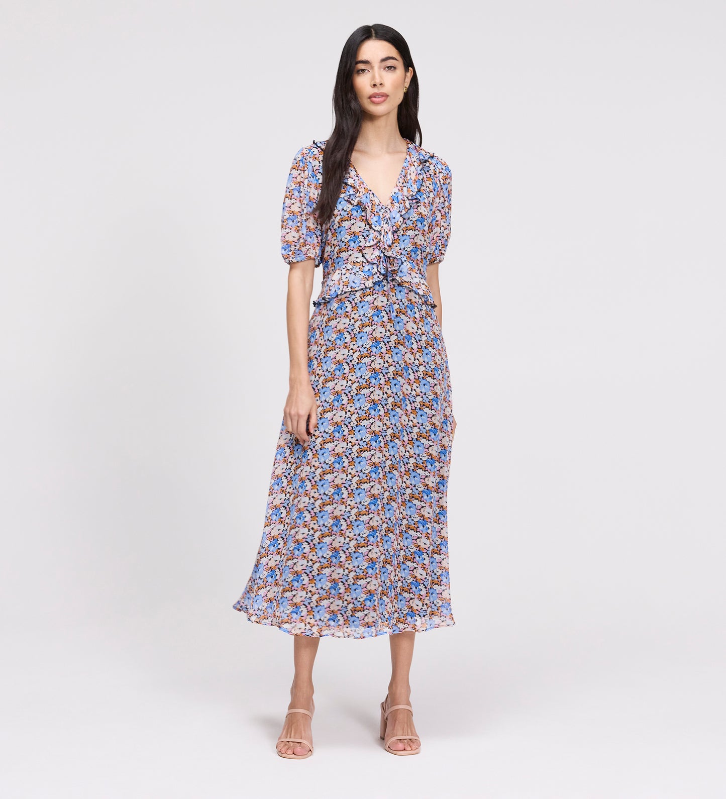Pomona Blue Floral Chiffon Ruffle Bow Puff Sleeve Midi Dress