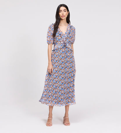 Pomona Blue Floral Chiffon Ruffle Bow Puff Sleeve Midi Dress