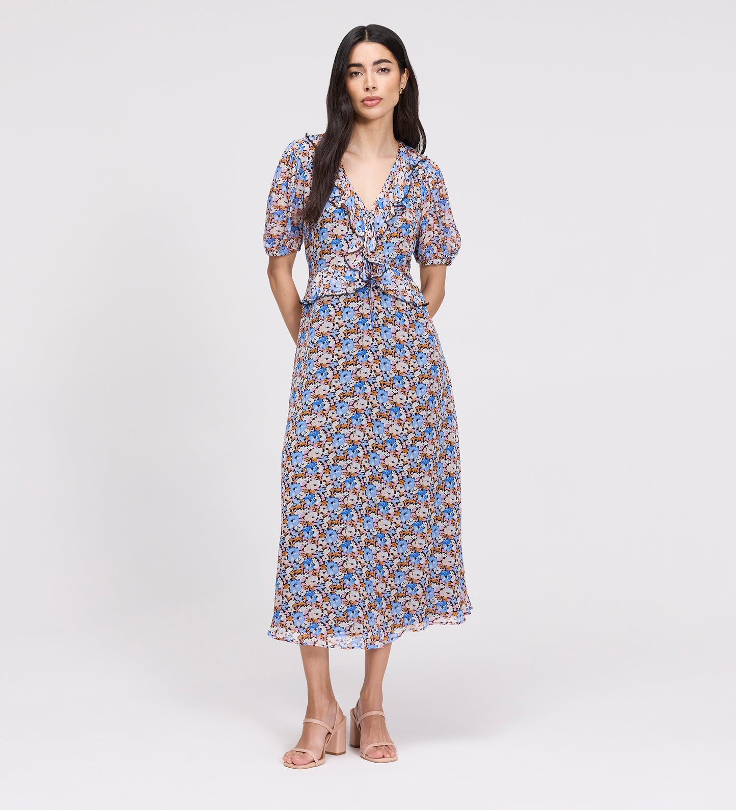 Pomona Blue Floral Chiffon Ruffle Bow Puff Sleeve Midi Dress
