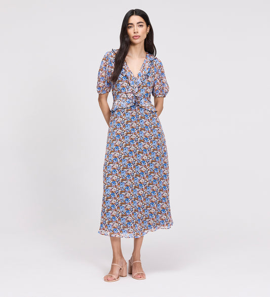 Pomona Blue Floral Chiffon Ruffle Bow Puff Sleeve Midi Dress
