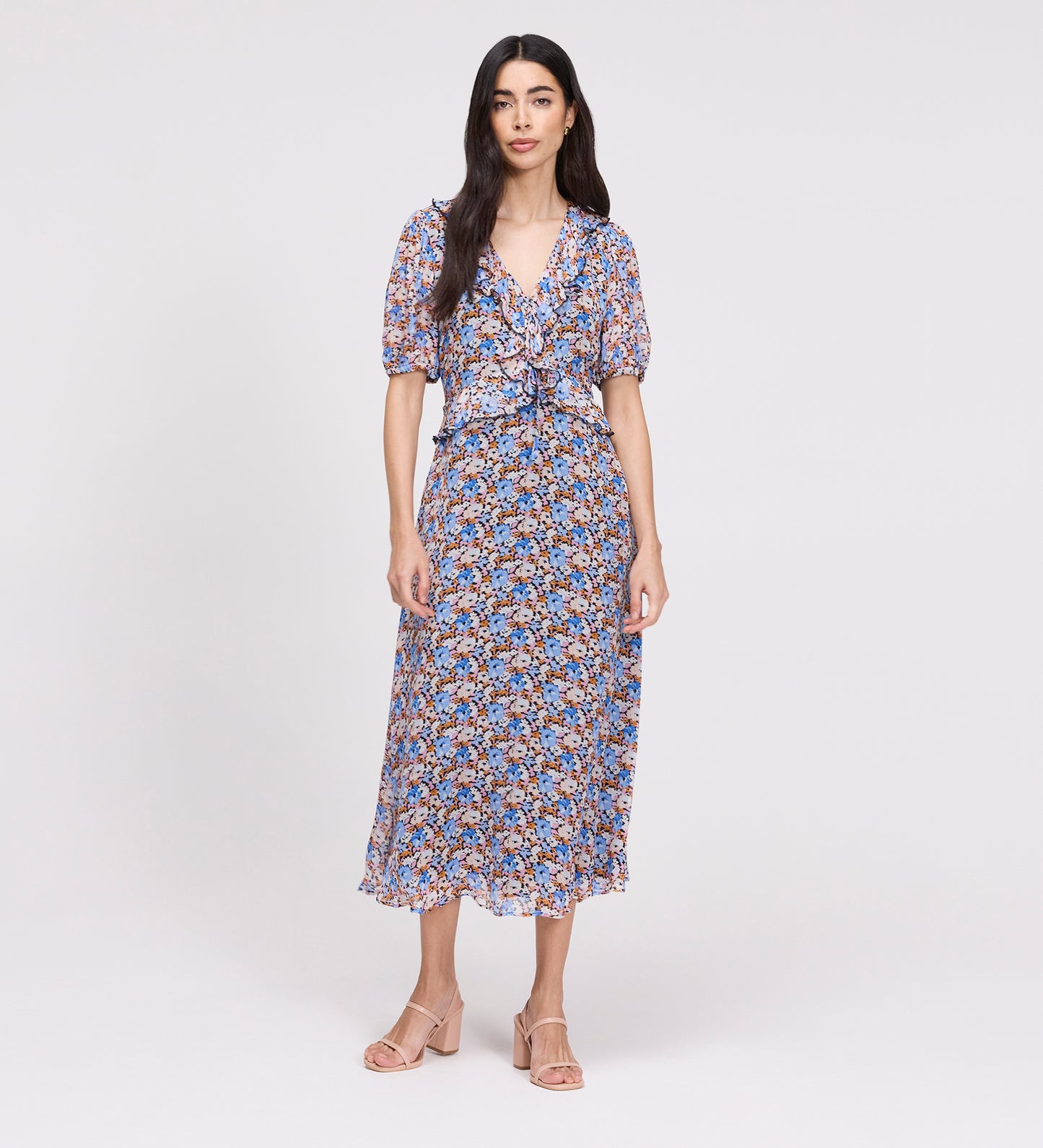 Pomona Blue Floral Chiffon Ruffle Bow Puff Sleeve Midi Dress