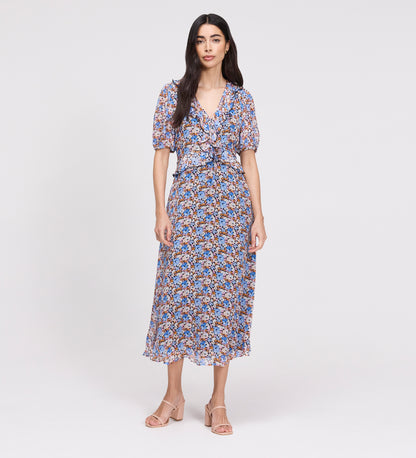 Pomona Blue Floral Chiffon Ruffle Bow Puff Sleeve Midi Dress