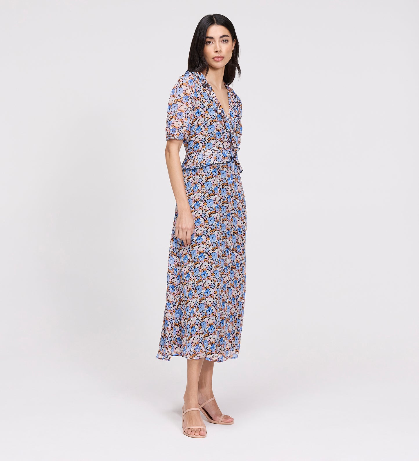 Pomona Blue Floral Chiffon Ruffle Bow Puff Sleeve Midi Dress