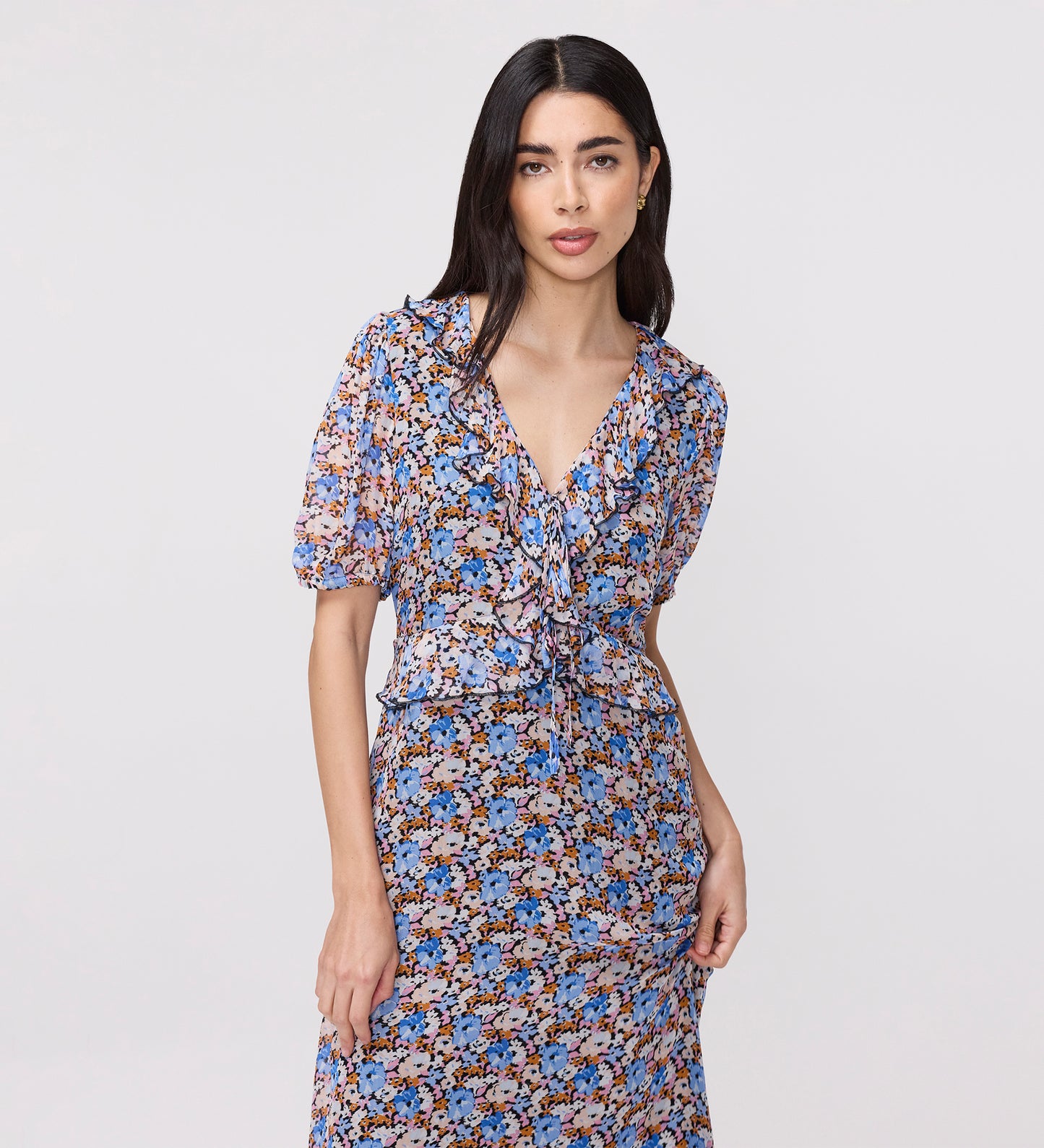Pomona Blue Floral Chiffon Ruffle Bow Puff Sleeve Midi Dress