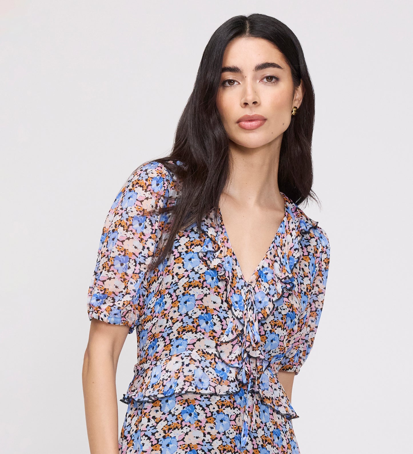 Pomona Blue Floral Chiffon Ruffle Bow Puff Sleeve Midi Dress