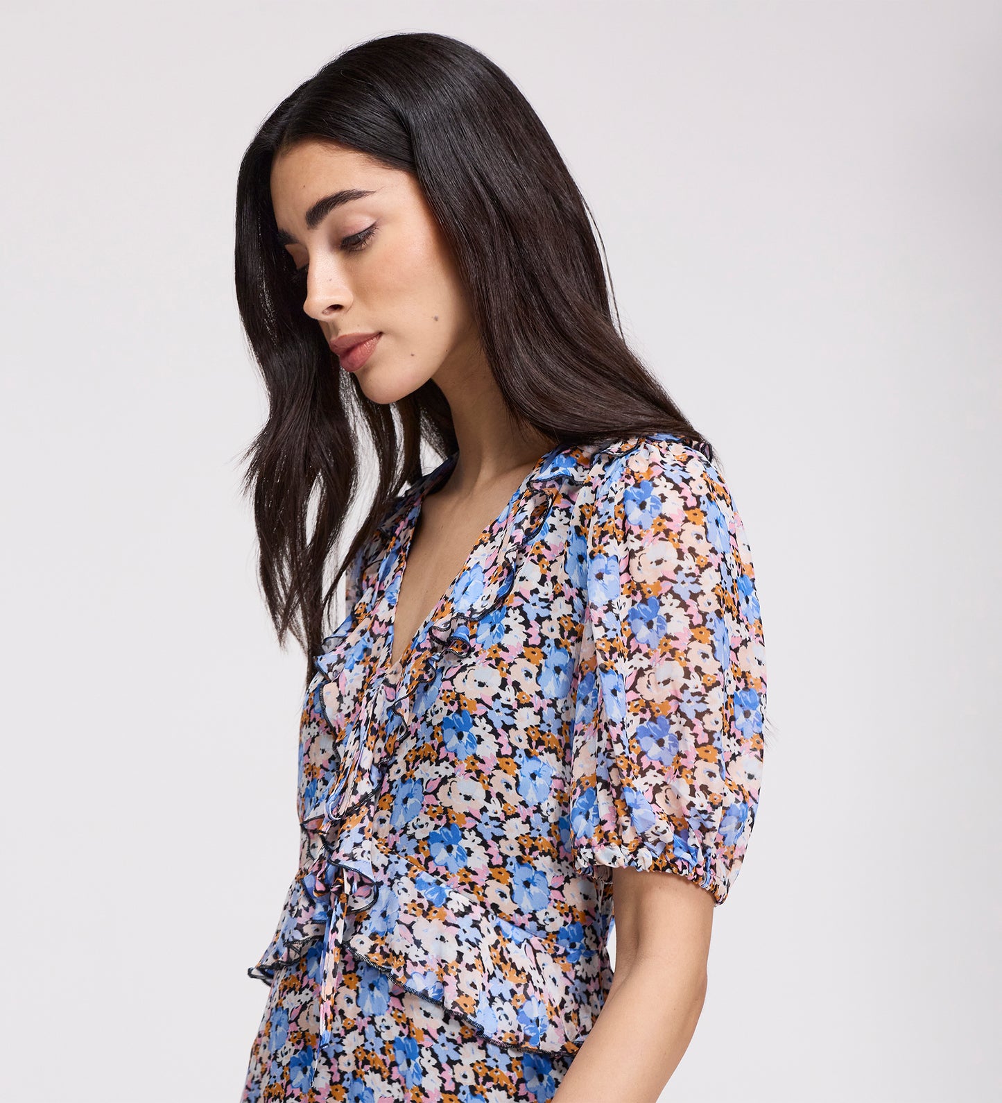 Pomona Blue Floral Chiffon Ruffle Bow Puff Sleeve Midi Dress
