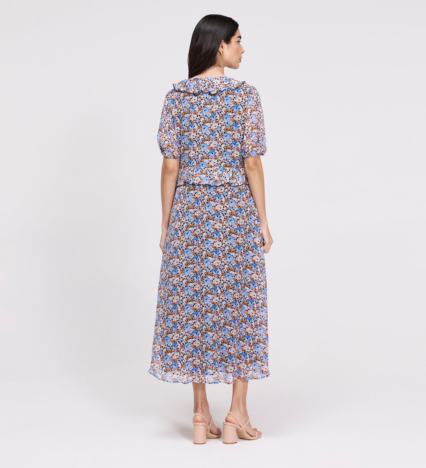 Pomona Blue Floral Chiffon Ruffle Bow Puff Sleeve Midi Dress