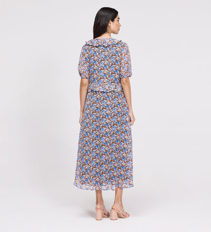 Pomona Blue Floral Chiffon Ruffle Bow Puff Sleeve Midi Dress