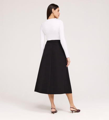 Ramona Black Gaberdine Twill Midi Skirt