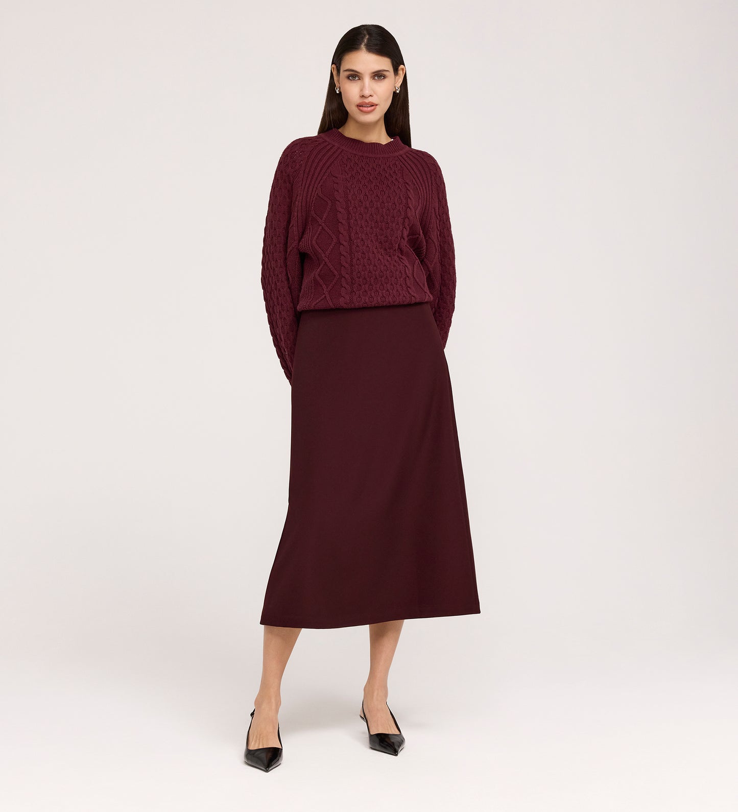 Ramona Burgundy Gaberdine Twill Midi Skirt
