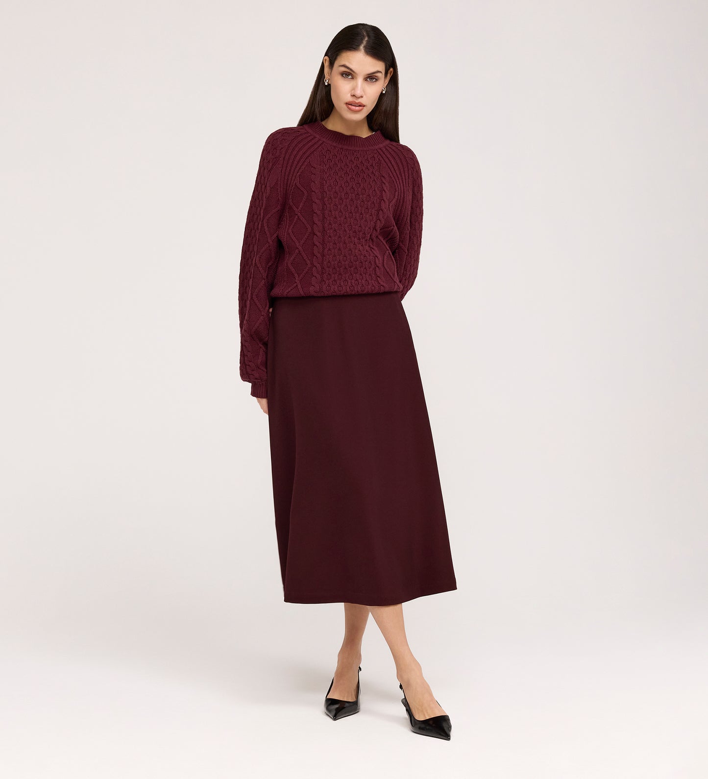 Ramona Burgundy Gaberdine Twill Midi Skirt