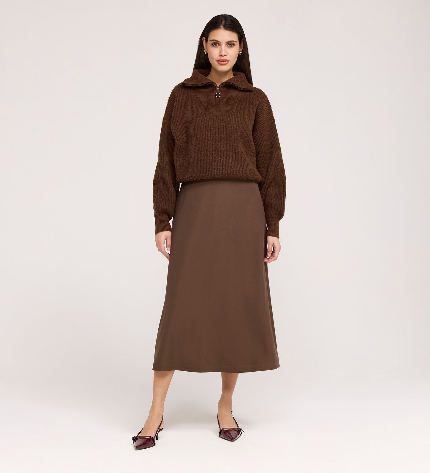 Ramona Mushroom Gaberdine Twill Midi Skirt