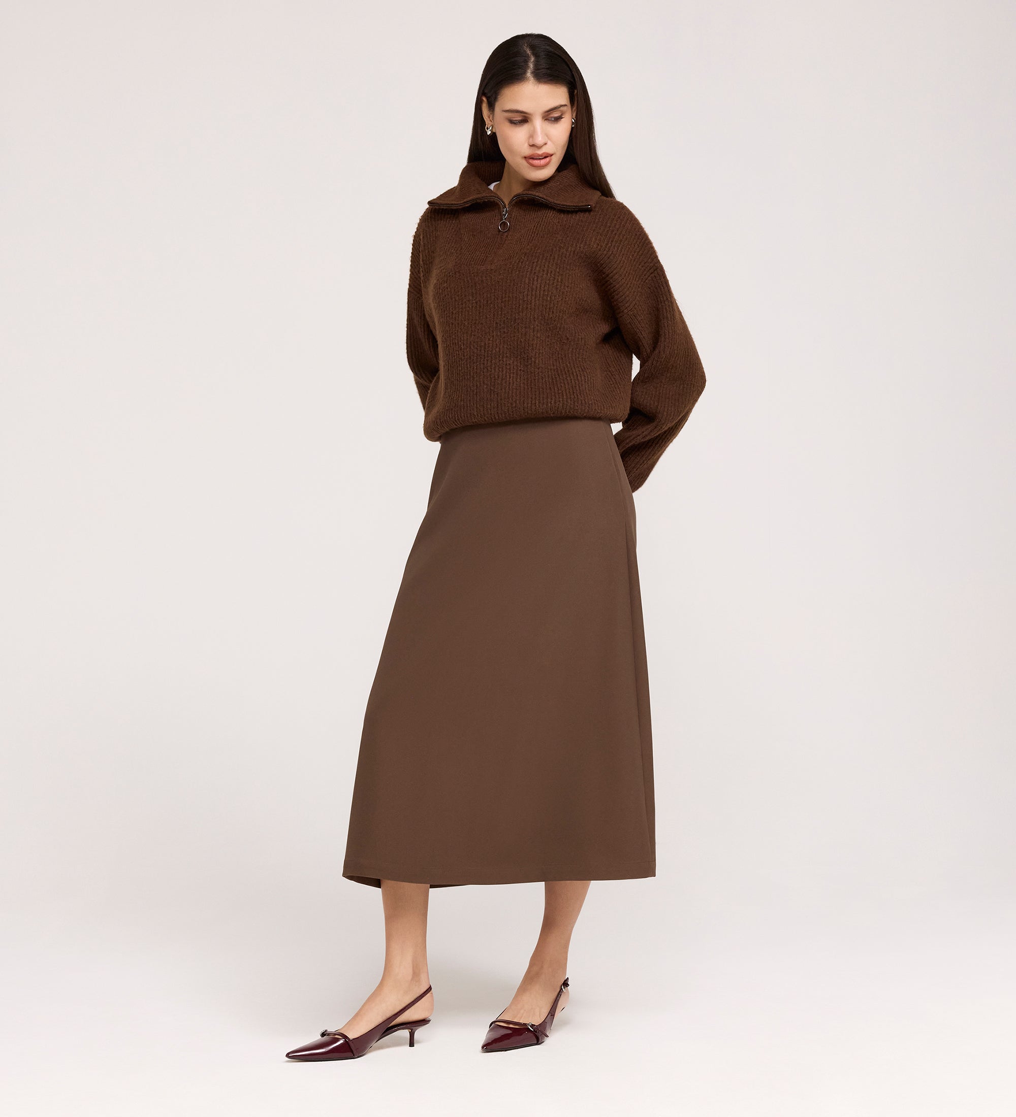 Brown A-Line Midi Skirt | Brown A-Line Midi Skirt – Finery London