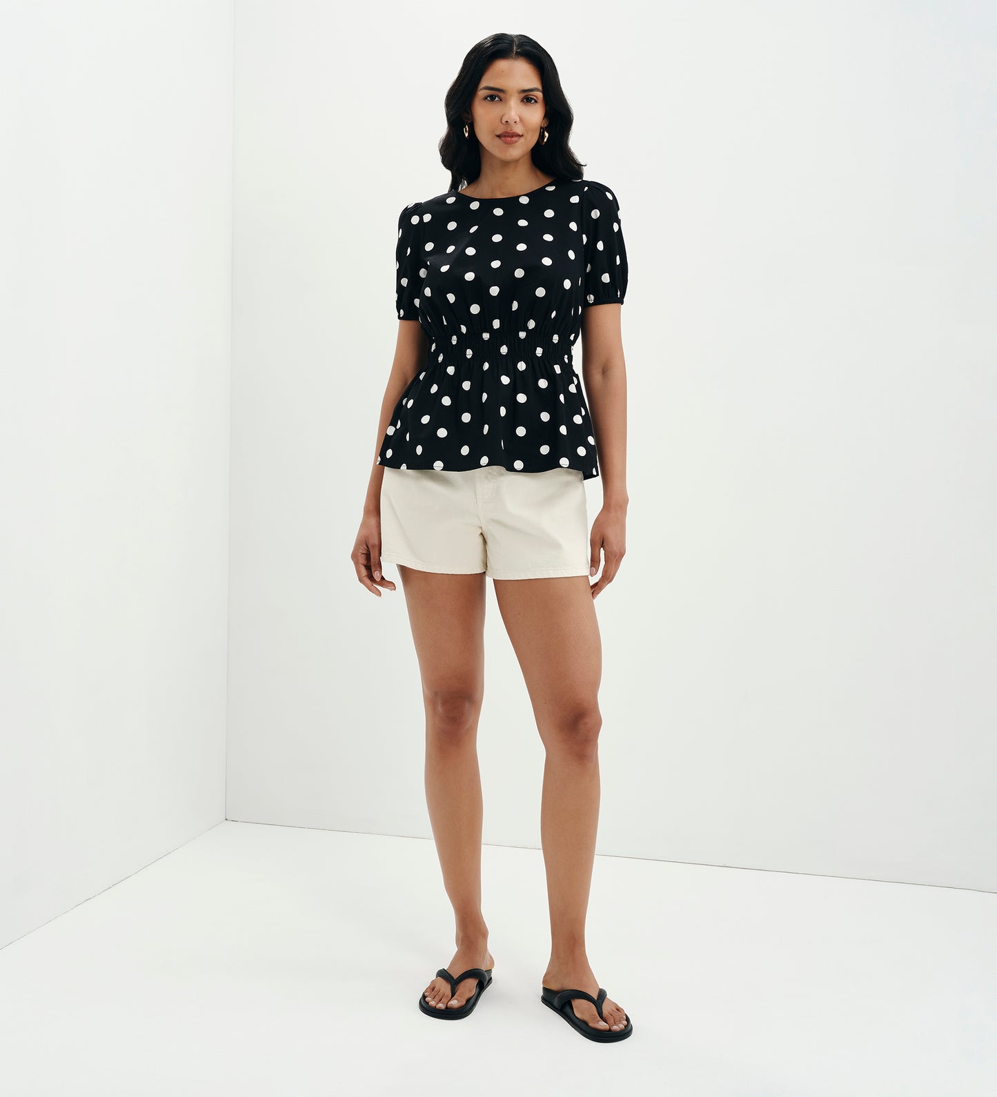 Raya Black Polka Dot Cotton Puff Sleeve Elasticated Waist Top