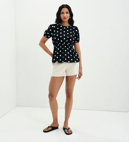 Raya Black Polka Dot Cotton Puff Sleeve Elasticated Waist Top