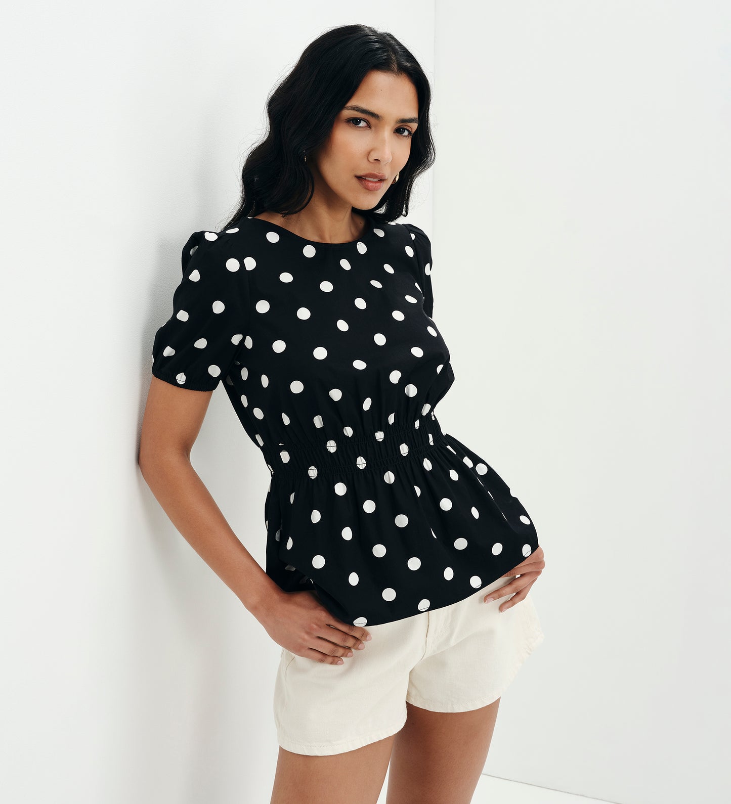 Raya Black Polka Dot Cotton Puff Sleeve Elasticated Waist Top