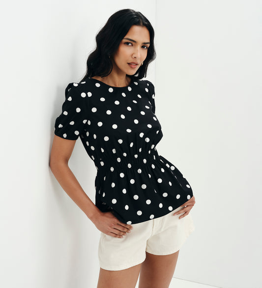 Raya Black Polka Dot Cotton Puff Sleeve Elasticated Waist Top