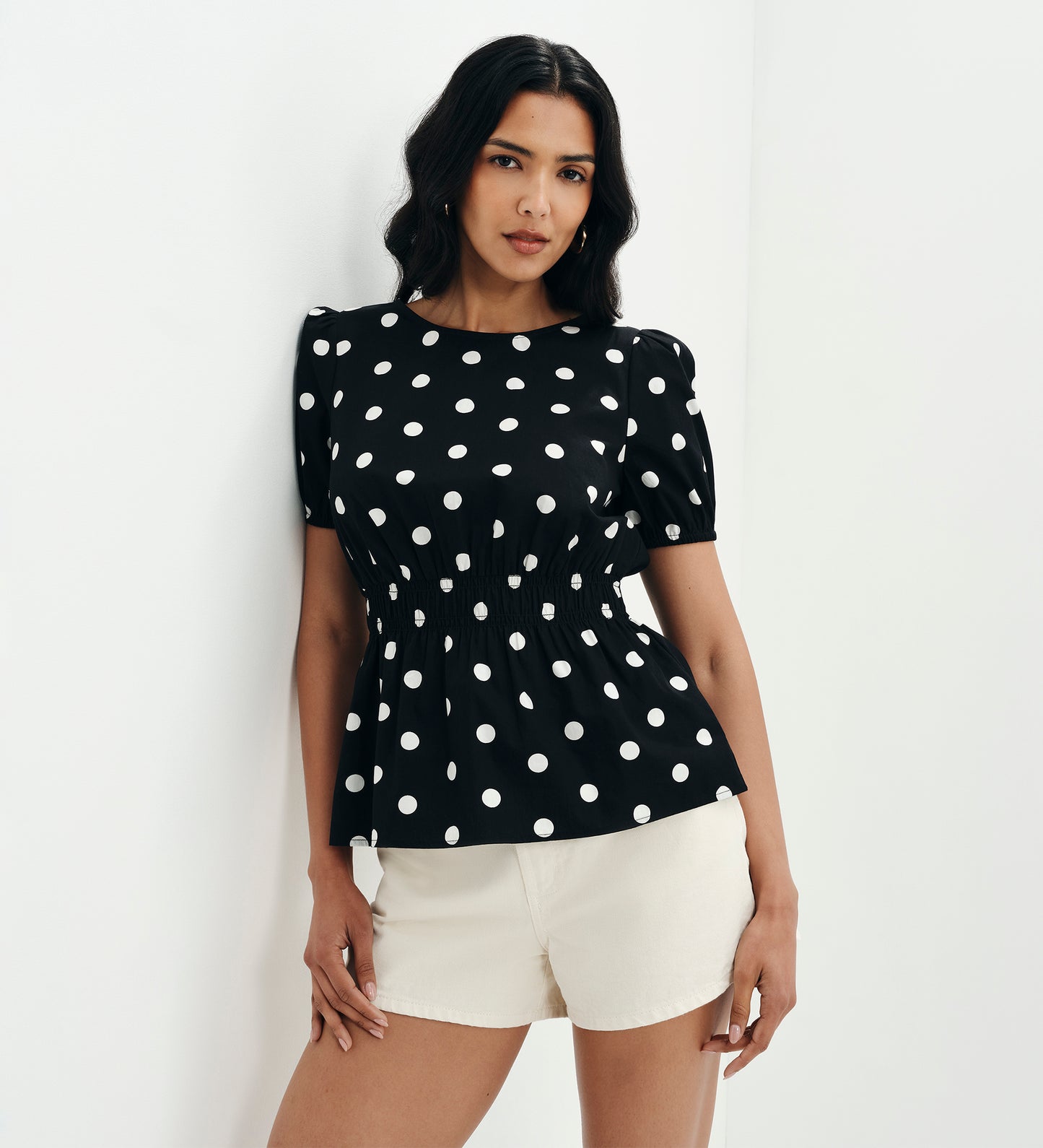 Raya Black Polka Dot Cotton Puff Sleeve Elasticated Waist Top